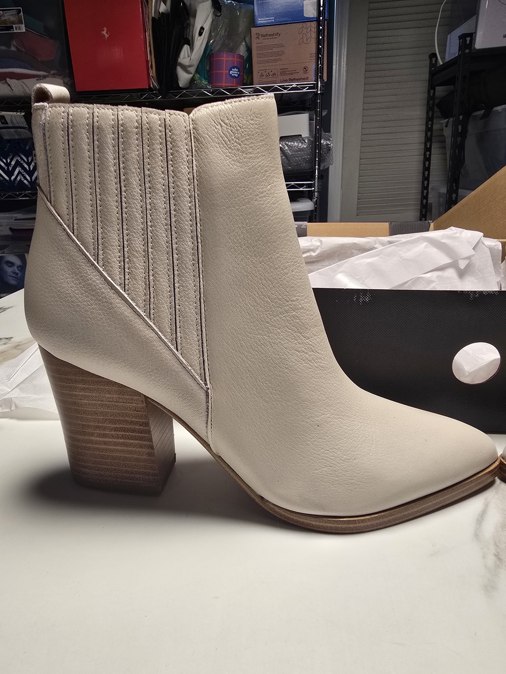 Marc Fisher Alva Cream Leather Block Heel Ankle Boots